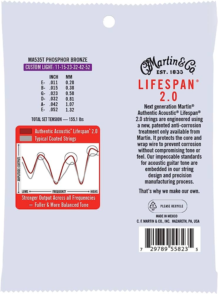 Martin MA535T 5-Pack | 011-052 | Authentic Lifespan | Treated Phosphor Bronze Acoustic Guitar Strings | Custom Light |  MARTIN |  STRINGS-ACOUSTIC GUITAR |  Zoso Music