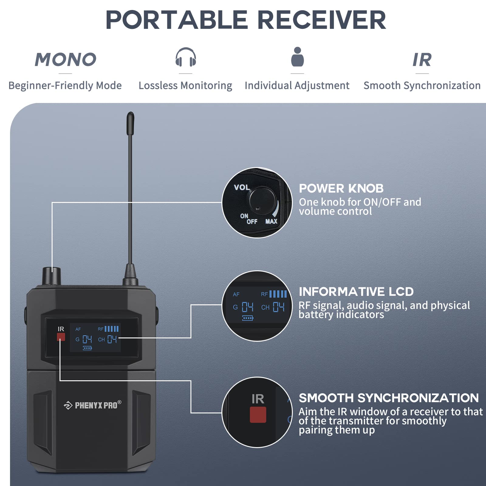 Phenyx Pro PTM-22 UHF Mono Wireless in Ear Monitor System, 2 Bodypack Receiver and 1 Transmitter [2B]
