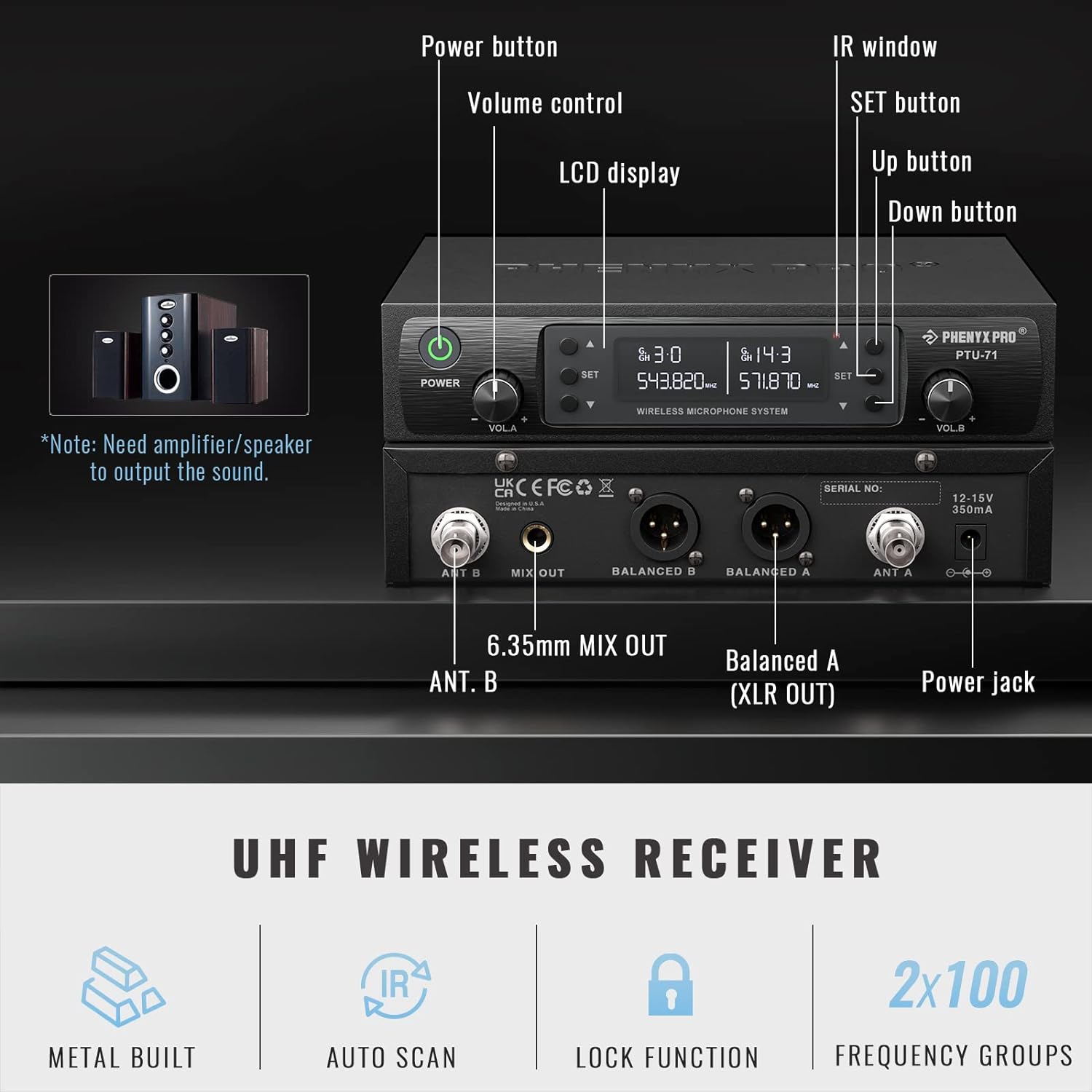 Phenyx Pro Best Budget Wireless PTU-71B Dual Wireless Microphone System, with 1x Handheld Microphone, 1x Bodypack 1x Headset Mic, 1x Lapel Mics