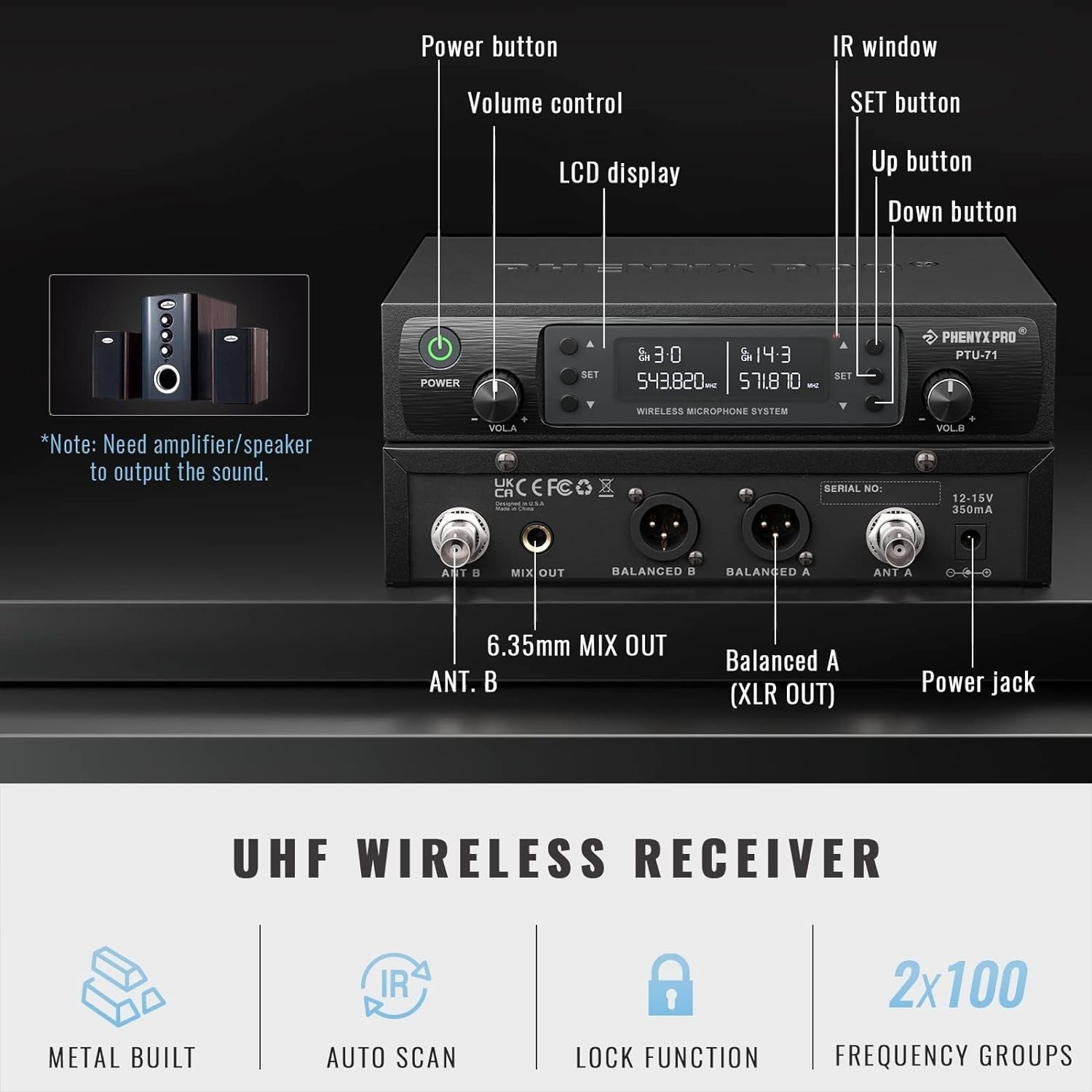 Phenyx Pro Best Budget Wireless PTU-71B Dual Wireless Microphone System, with 1x Handheld Microphone, 1x Bodypack 1x Headset Mic, 1x Lapel Mics |  PHENYX PRO |  WIRELESS-ANTENNA |  Zoso Music