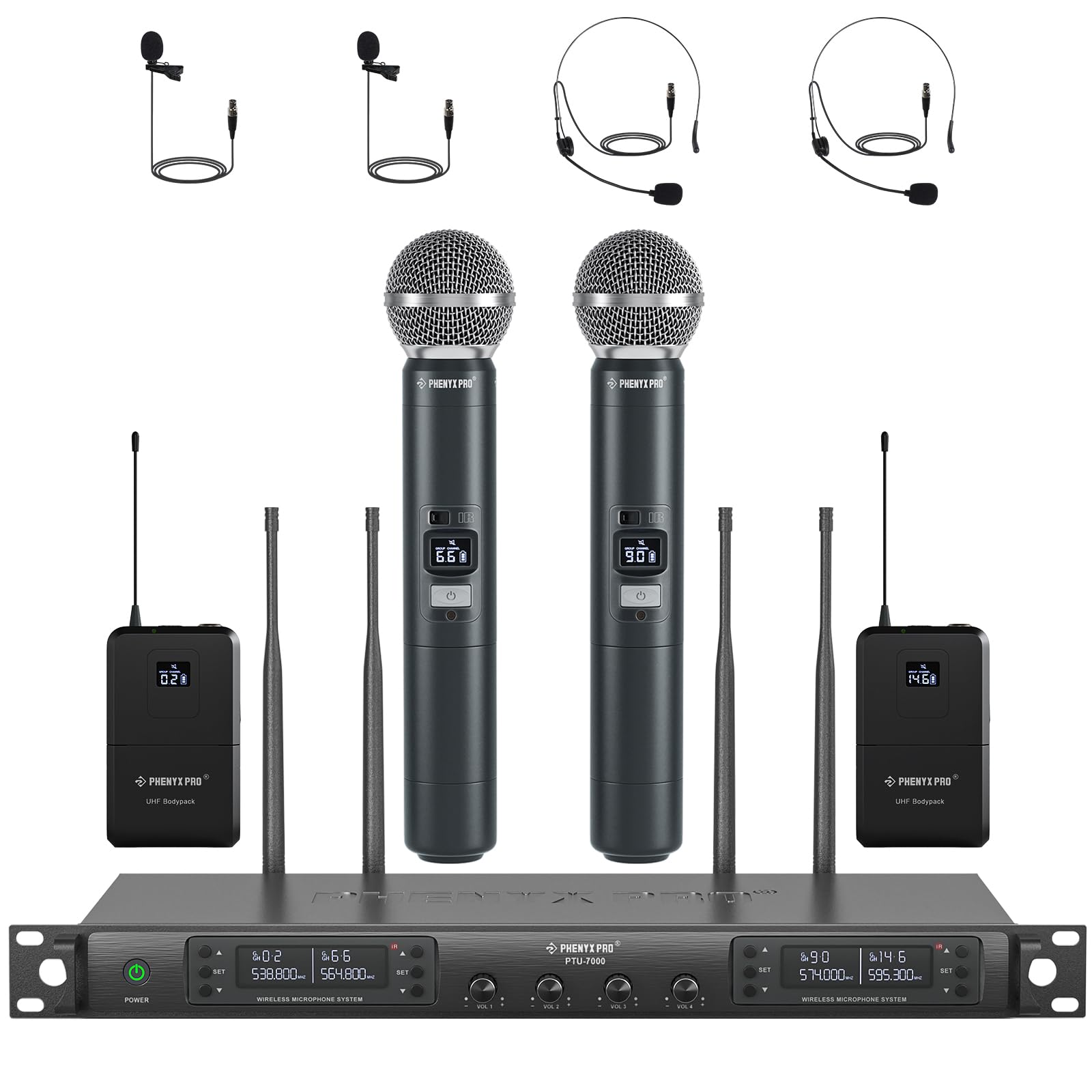 Phenyx Pro PTU-7000-2H2B Quad Wireless Microphone System w/ 4x40 UHF Channels, Auto Scan, 2 Handheld Dynamic Mics, 2 Bodypacks & Headsets/Lapel Microphones