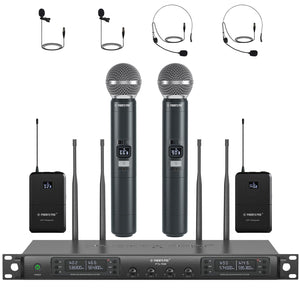 Phenyx Pro PTU-7000-2H2B Quad Wireless Microphone System w/ 4x40 UHF Channels, Auto Scan, 2 Handheld Dynamic Mics, 2 Bodypacks & Headsets/Lapel Microphones |  PHENYX PRO |  WIRELESS-ANTENNA |  Zoso Music