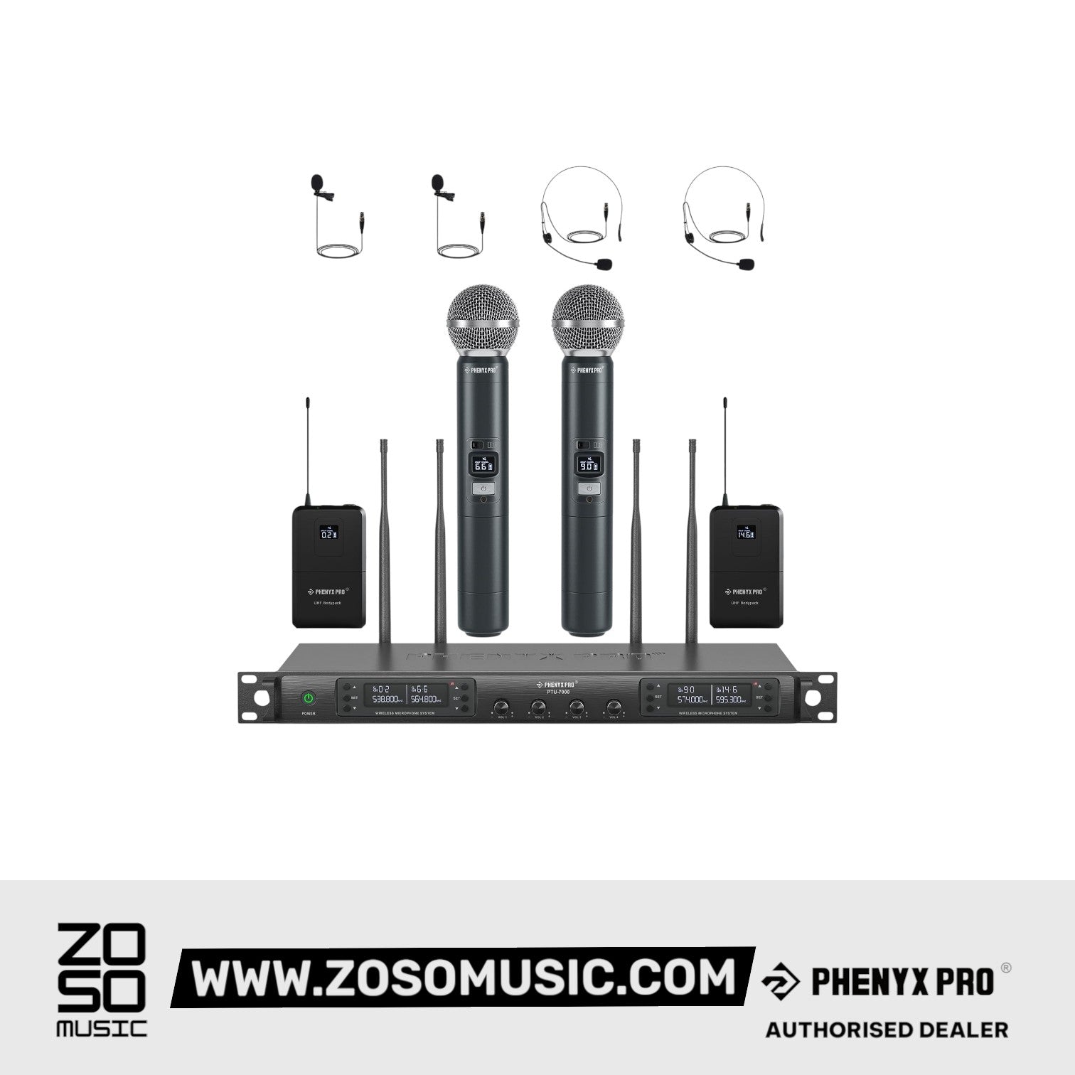 Phenyx Pro PTU-7000-2H2B Quad Wireless Microphone System w/ 4x40 UHF Channels, Auto Scan, 2 Handheld Dynamic Mics, 2 Bodypacks & Headsets/Lapel Microphones |  PHENYX PRO |  WIRELESS-ANTENNA |  Zoso Music