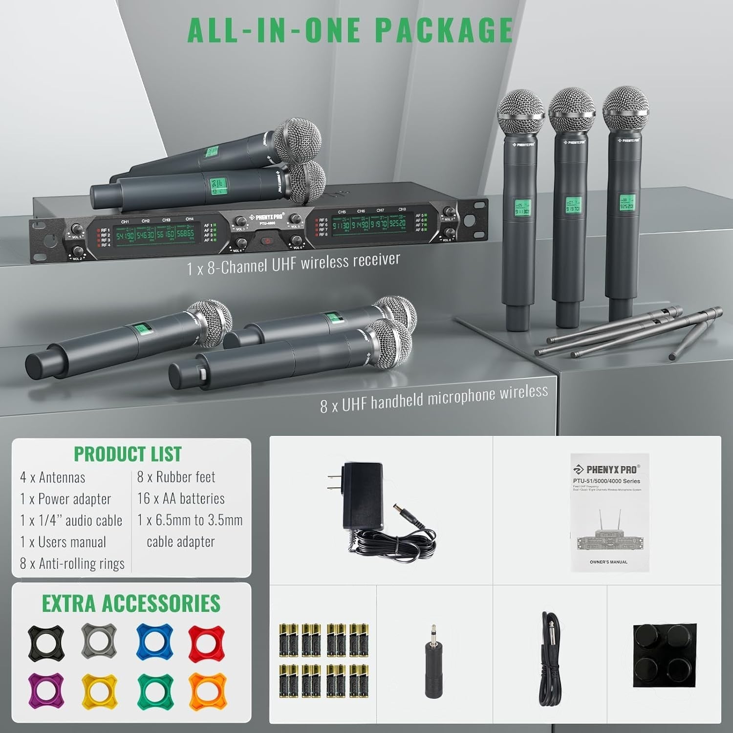 Phenyx Pro Best Budget Wireless PTU-6000 8-channel UHF Wireless Microphone System, 8x Hanheld Dynamic Microphones |  PHENYX PRO |  WIRELESS-ANTENNA |  Zoso Music