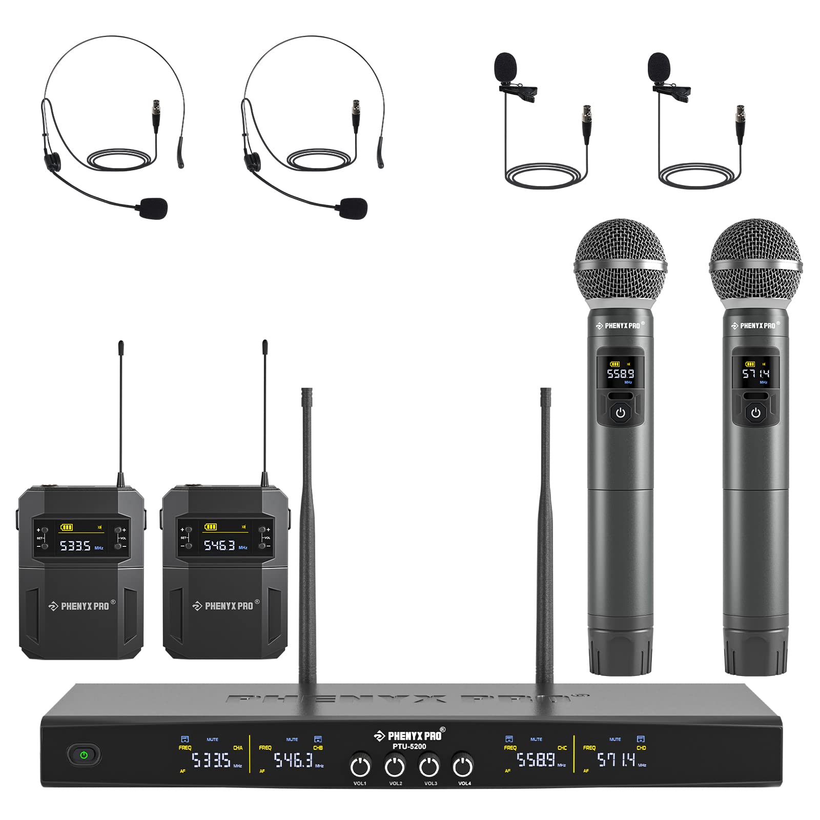 Phenyx Pro Best Budget Wireless PTU-5200-2H2B 4-Channel Wireless Mic Set with Handheld/Bodypack/Headset/Lapel Mics, Cordless Microphone for Singing, Karaoke, Church | Zoso Music Sdn Bhd