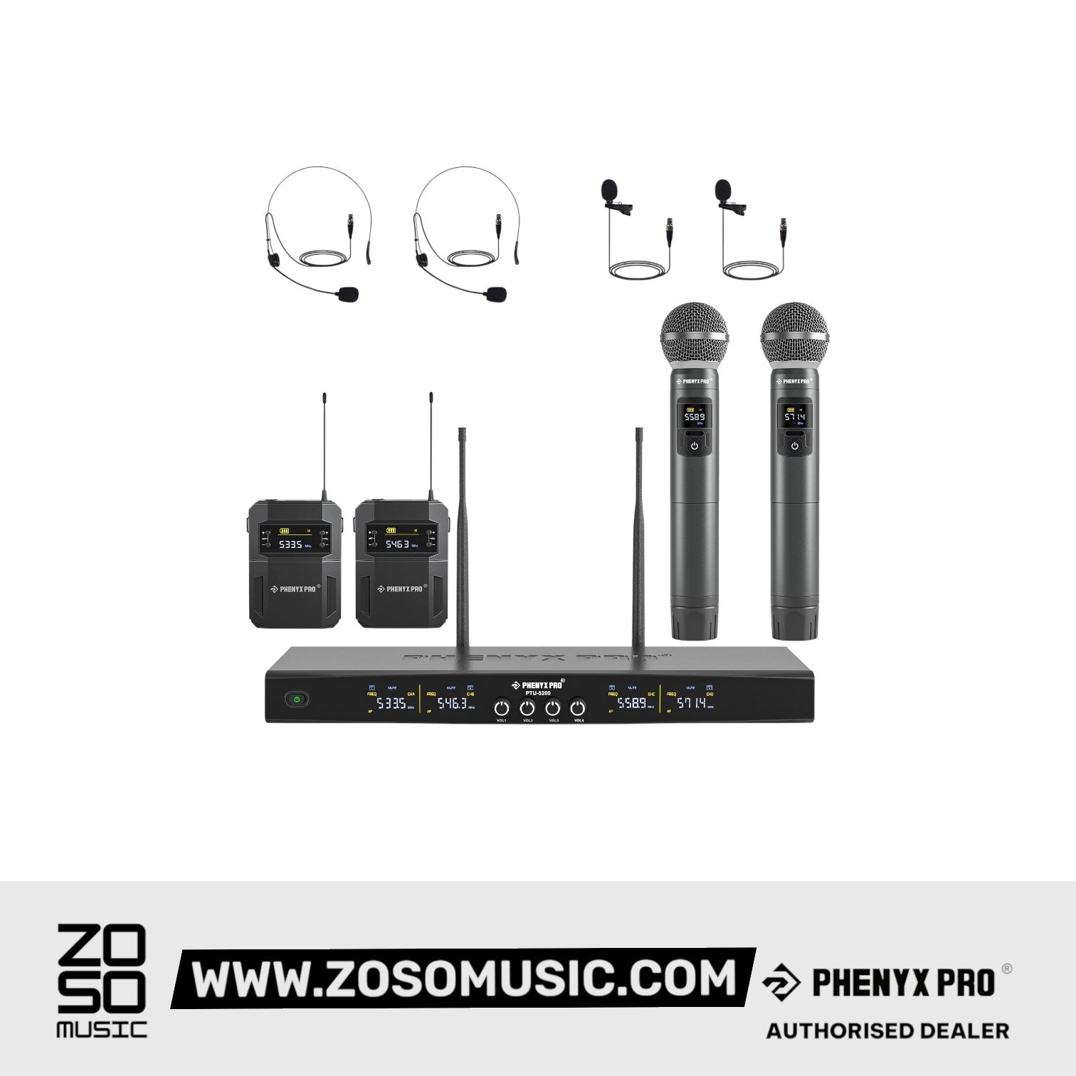Phenyx Pro Best Budget Wireless PTU-5200-2H2B 4-Channel Wireless Mic Set with Handheld/Bodypack/Headset/Lapel Mics, Cordless Microphone for Singing, Karaoke, Church | Zoso Music Sdn Bhd