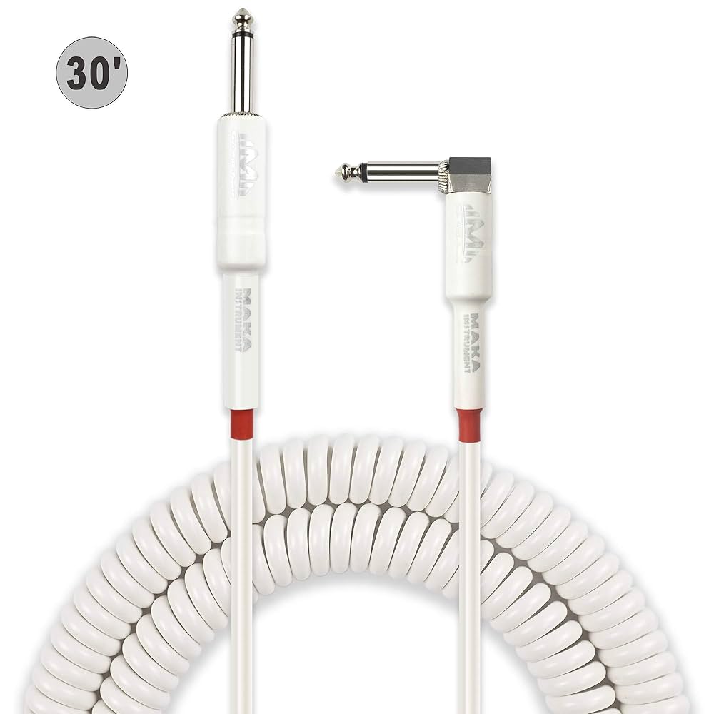 SONICAKE VGC-50 Instrument Coiled Cable 32Feet/10M (1/4 Right Angle to Straight) - White