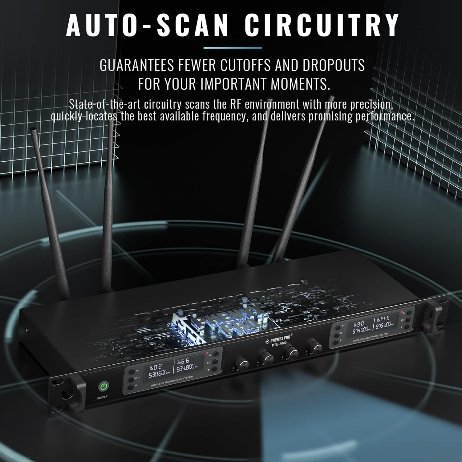Phenyx Pro Best Budget Wireless PTU-7000A 4-channel UHF Wireless Microphone System, with 4x Handheld Dynamic Microphones