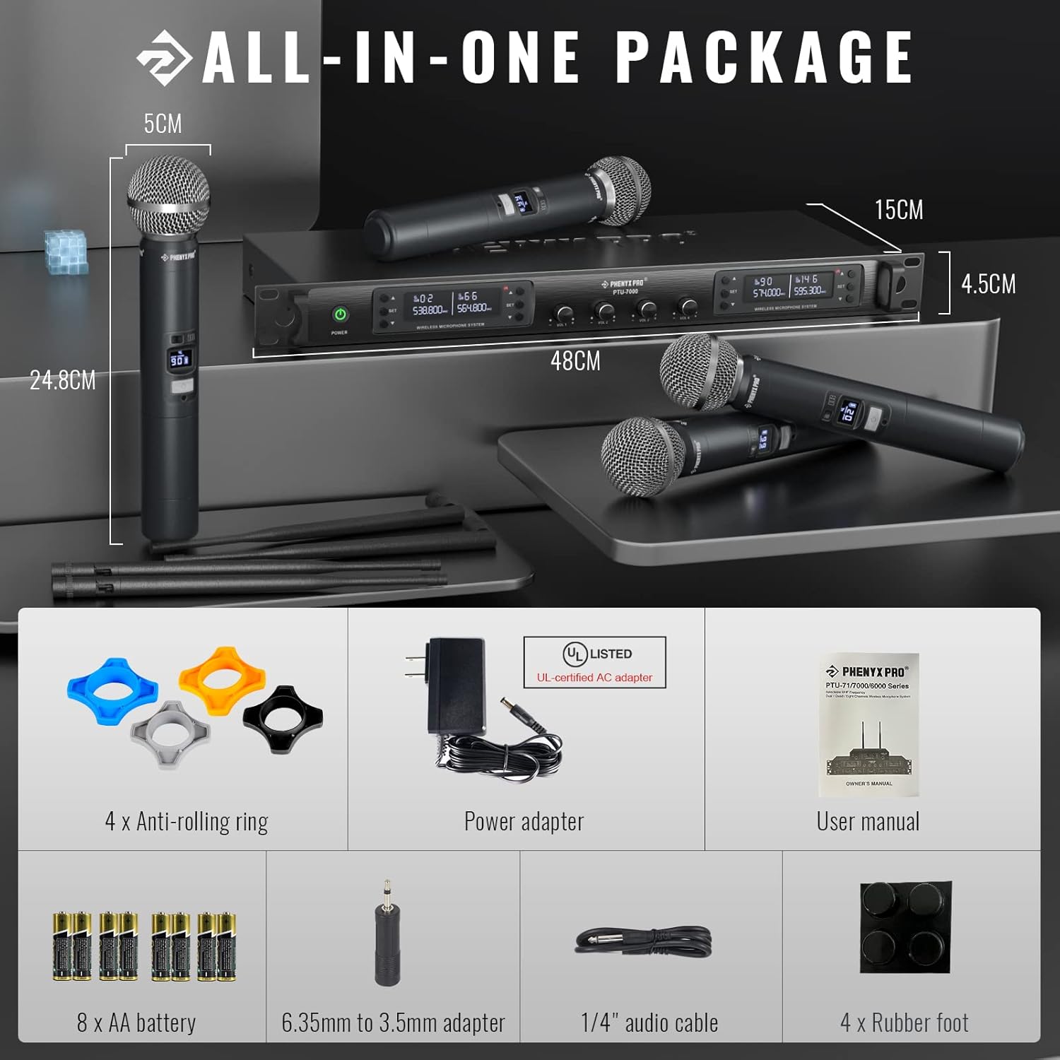 Phenyx Pro Best Budget Wireless PTU-7000A 4-channel UHF Wireless Microphone System, with 4x Handheld Dynamic Microphones