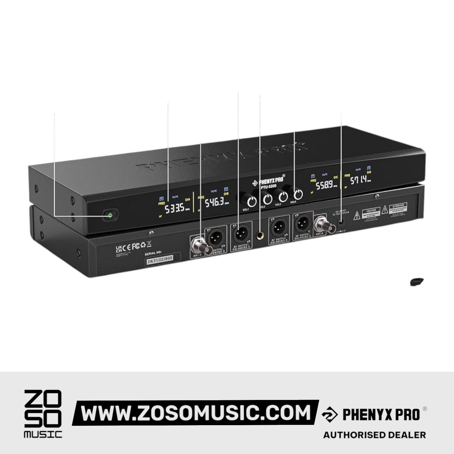 Phenyx Pro PTU-5200-4H Quad UHF Wireless Microphone System, 4 Cordless Mics, 4x25 UHF Adjustable Frequencies, 200ft Range |  PHENYX PRO |  WIRELESS-ANTENNA |  Zoso Music
