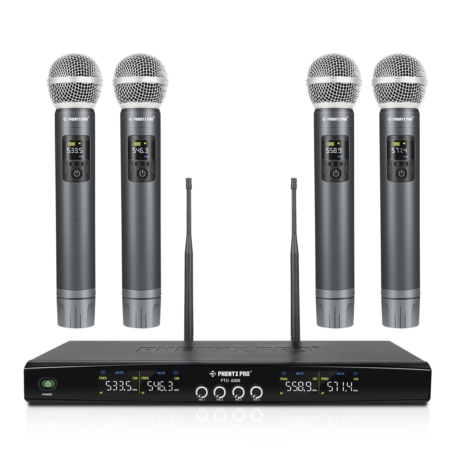 Phenyx Pro PTU-5200-4H Quad UHF Wireless Microphone System, 4 Cordless Mics, 4x25 UHF Adjustable Frequencies, 200ft Range