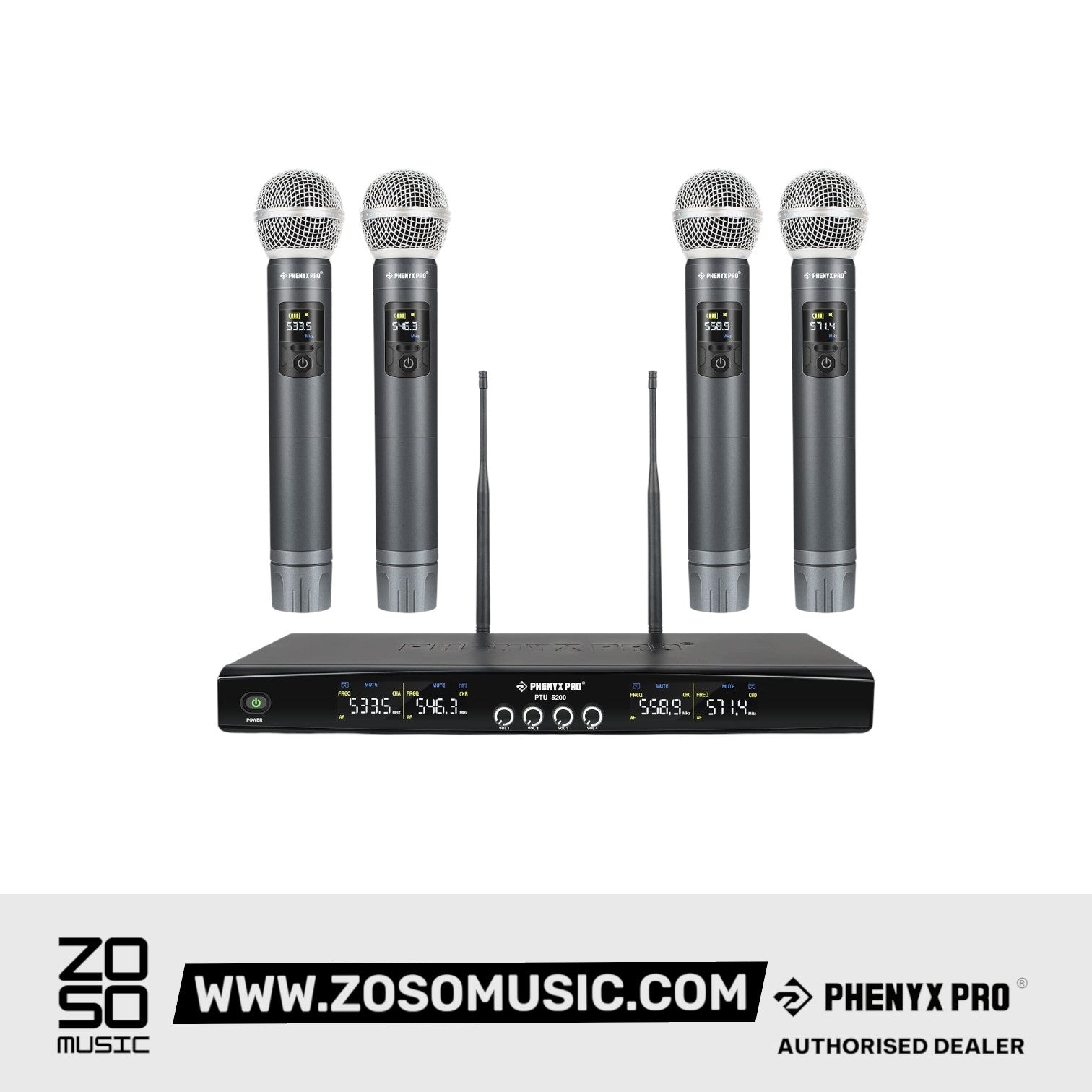 Phenyx Pro PTU-5200-4H Quad UHF Wireless Microphone System, 4 Cordless Mics, 4x25 UHF Adjustable Frequencies, 200ft Range |  PHENYX PRO |  WIRELESS-ANTENNA |  Zoso Music