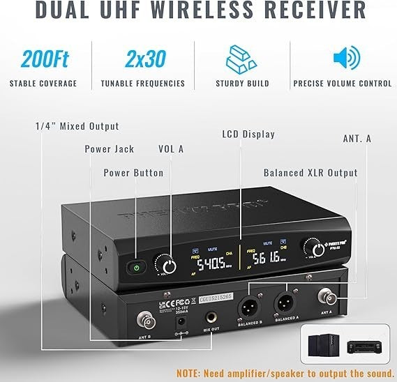 Phenyx Pro Best Budget Wireless PTU-52B Dual Wireless Microphone System - 30 Adjustable Frequency |  PHENYX PRO |  WIRELESS-ANTENNA |  Zoso Music
