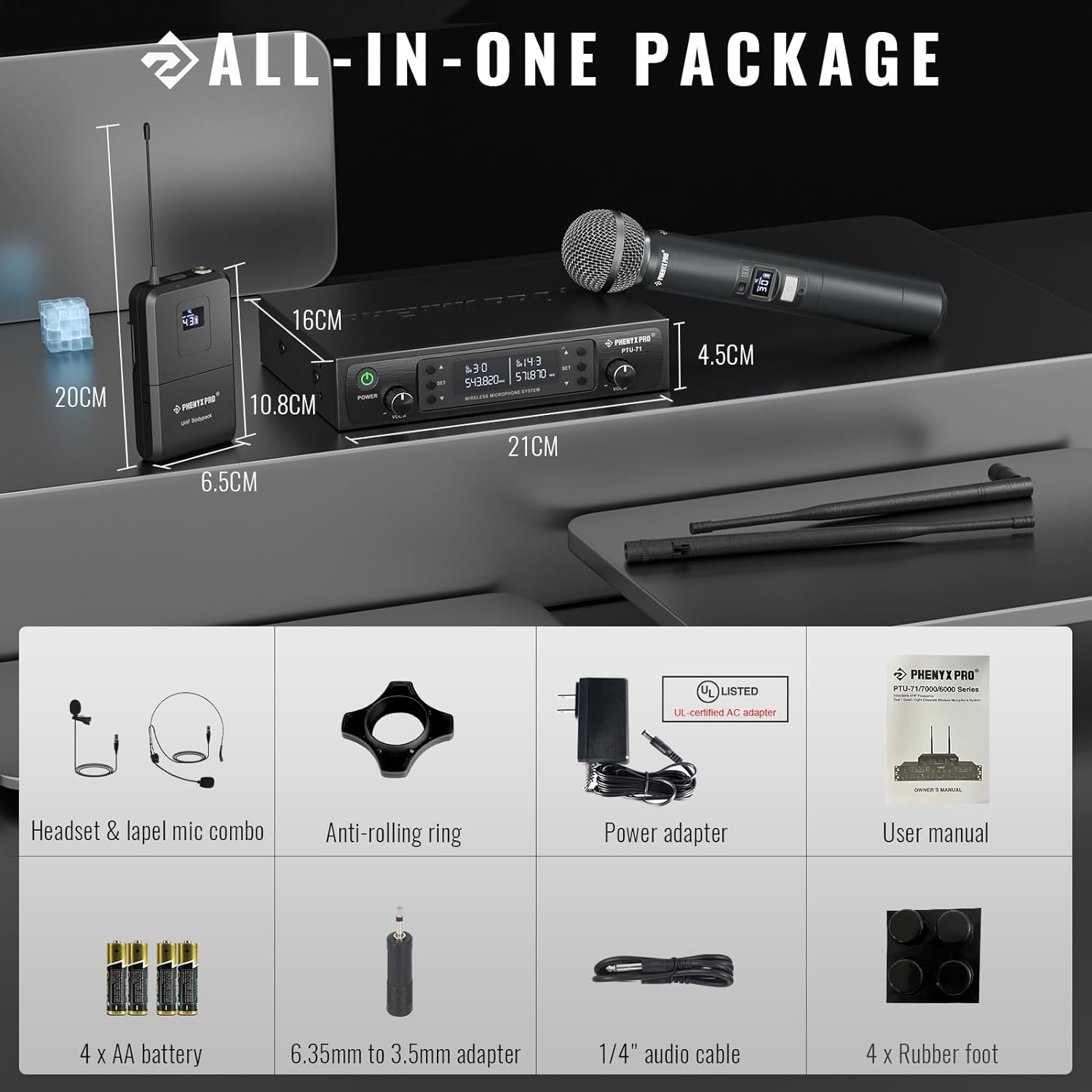 Phenyx Pro Best Budget Wireless PTU-71B Dual Wireless Microphone System, with 1x Handheld Microphone, 1x Bodypack 1x Headset Mic, 1x Lapel Mics