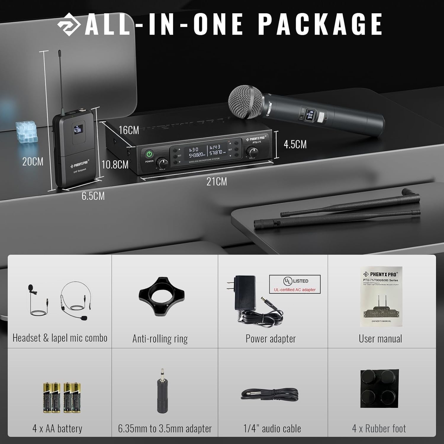 Phenyx Pro Best Budget Wireless PTU-71B Dual Wireless Microphone System, with 1x Handheld Microphone, 1x Bodypack 1x Headset Mic, 1x Lapel Mics |  PHENYX PRO |  WIRELESS-ANTENNA |  Zoso Music