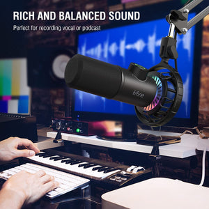 FIFINE K658 USB Dynamic Cardioid Microphone with live monitoring headphone jack, gain control & mute button, Podcasting, Streaming USB Microphone