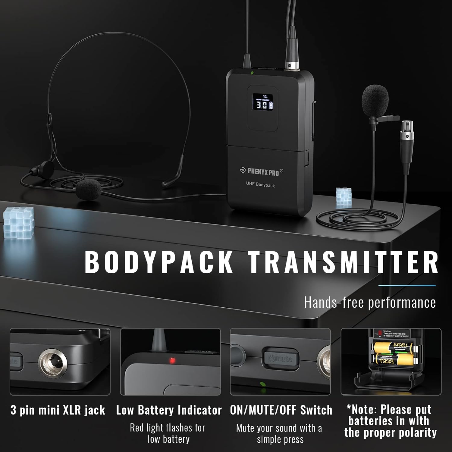 Phenyx Pro Best Budget Wireless PTU-71B Dual Wireless Microphone System, with 1x Handheld Microphone, 1x Bodypack 1x Headset Mic, 1x Lapel Mics