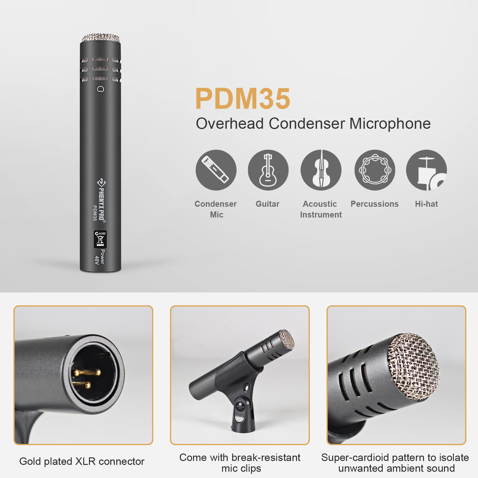 Phenyx Pro PDM35 Overhead Condenser Mic w/ Super-Cardioid Pattern Microphone