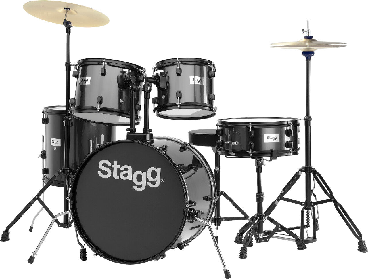 Stagg TIM120B Full Size Adult 5-Piece Acoustic Drum Set with Hardware and Cymbals - Black