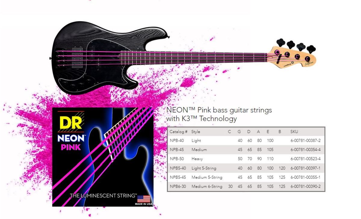 DR Strings NPB-45 NEON Pink Coated Nickel Plated Bass Strings | 4-String Medium (045 - 105) |  DR STRINGS |  STRINGS-BASS GUITAR |  Zoso Music