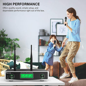 FIFINE K040 Dual Wireless Microphone System, Fifine Two Handheld Dynamic Cordless Mic and Dual Channel Receiver, 50 Selectable UHF Frequency for Karaoke Singing Party, Church, DJ, Wedding, School Presentation (K-040)