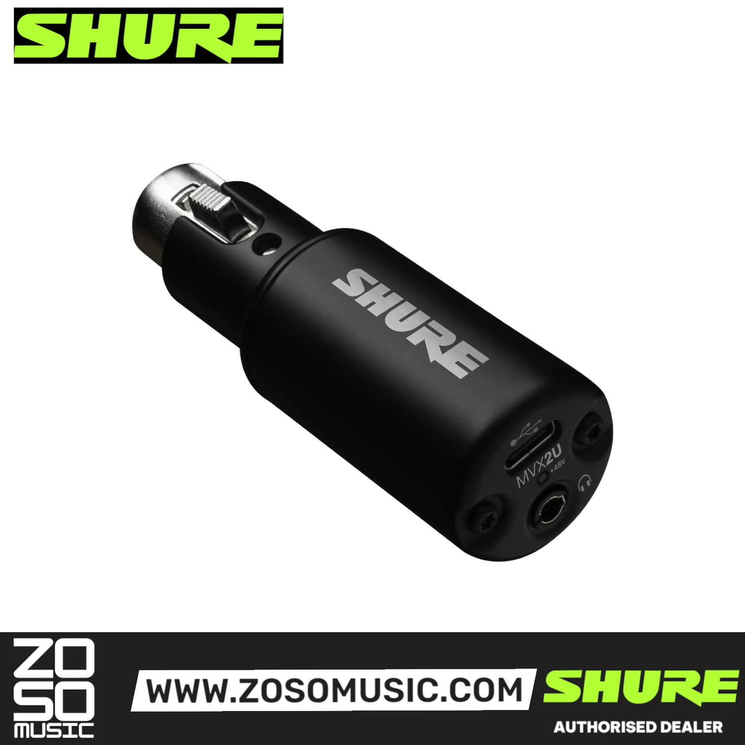 Zoso Music Shure MVX2U Gen 2 compact black XLR to USB digital audio interface for podcasting and streaming