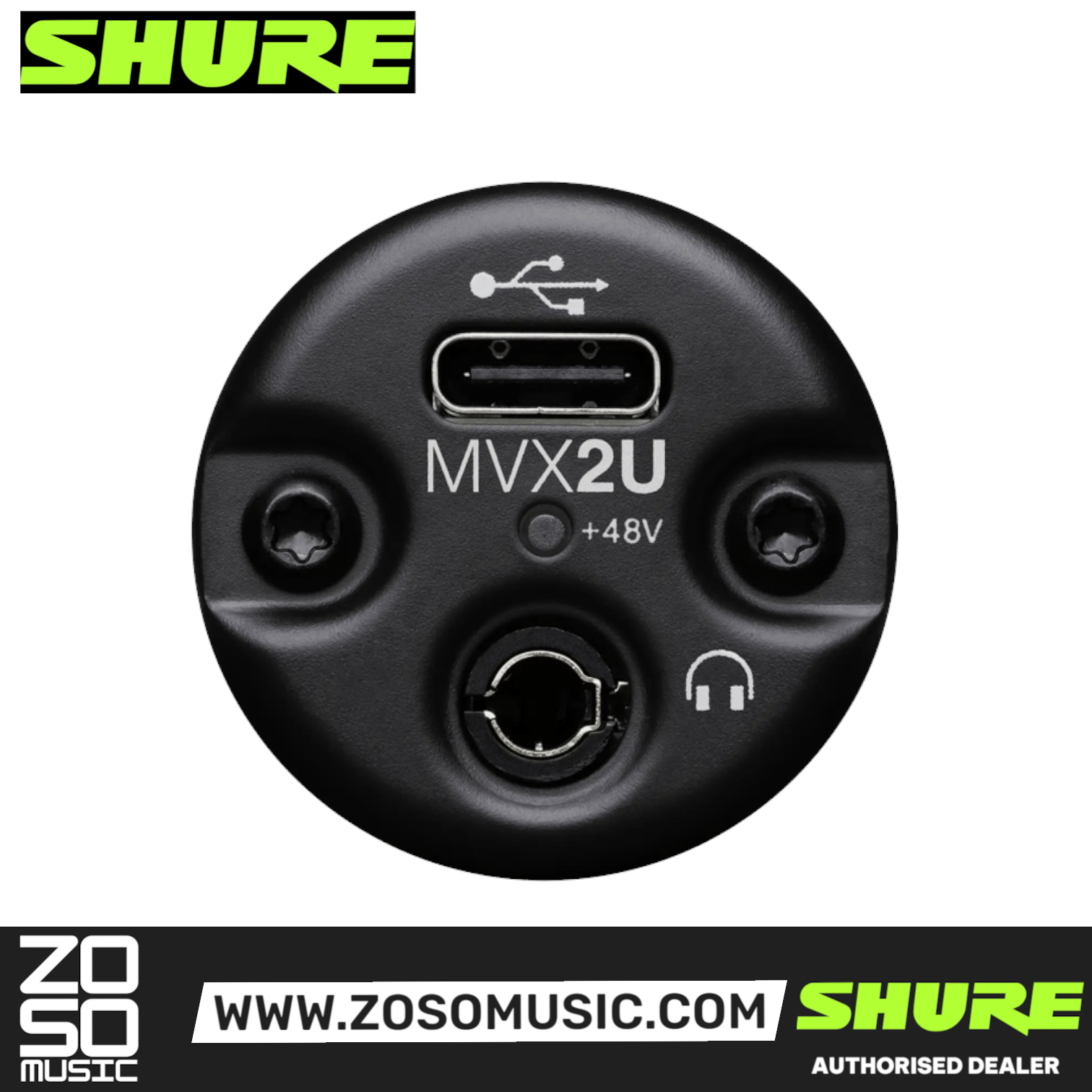 Zoso Music Shure MVX2U digital audio interface showing USB-C port and headphone jack on a compact black circular body