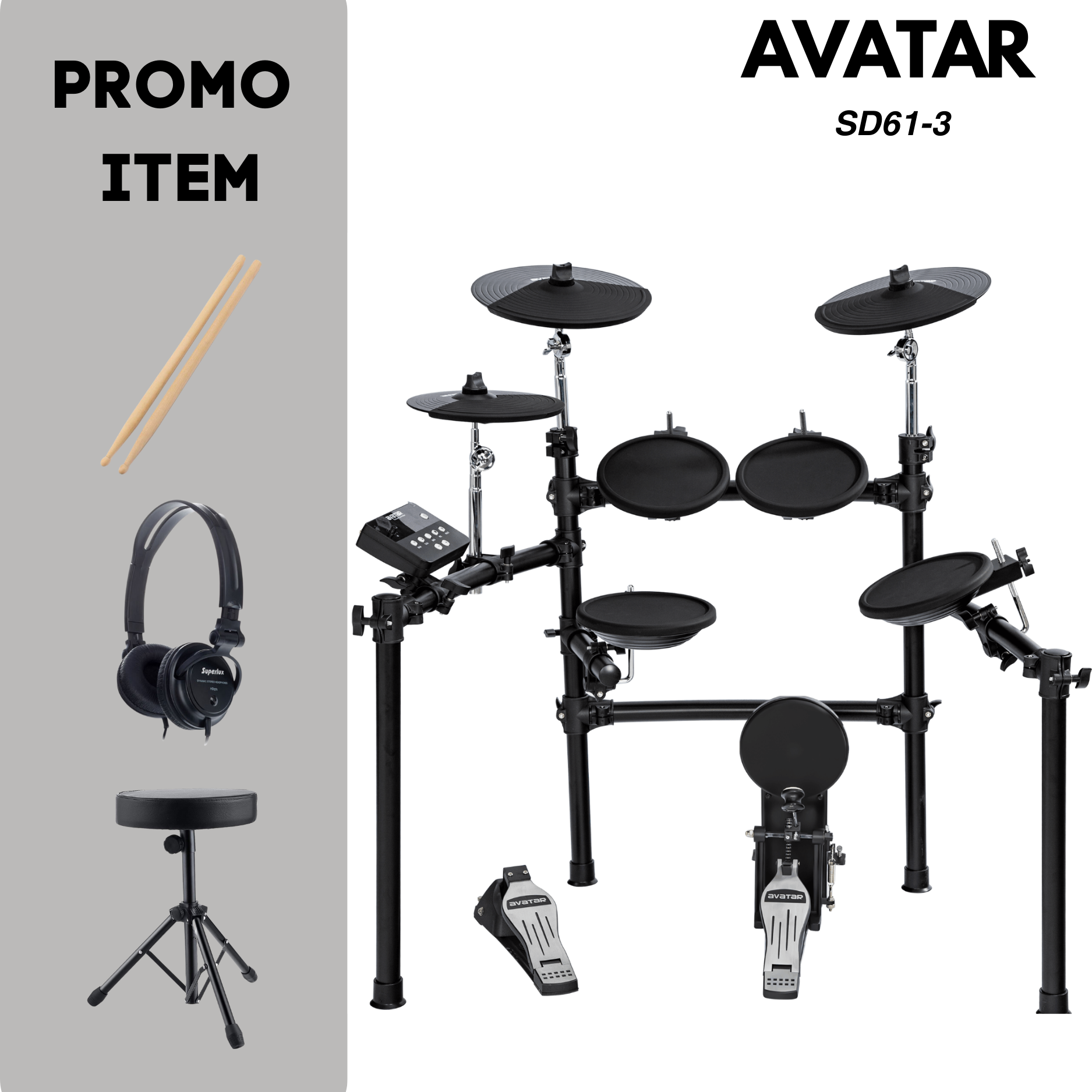 Avatar SD61-3 Digital Drumkit Set with Superlux HD572 Headphone, Drum Throne, Drumsticks