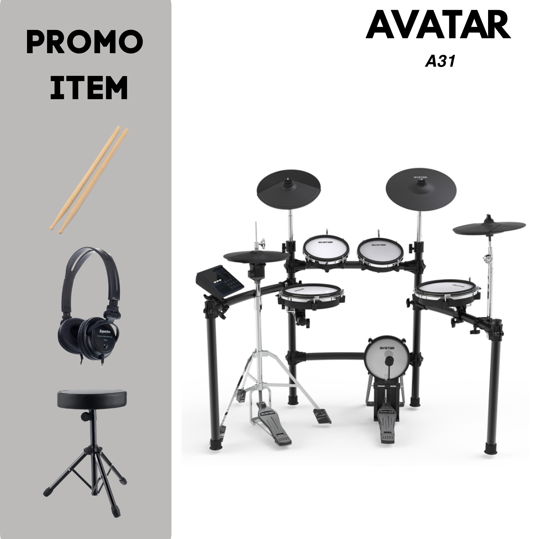 Avatar A31 9pcs Electronic Digital Drum with Mesh Head, Free Throne, Headphone, Drumsticks