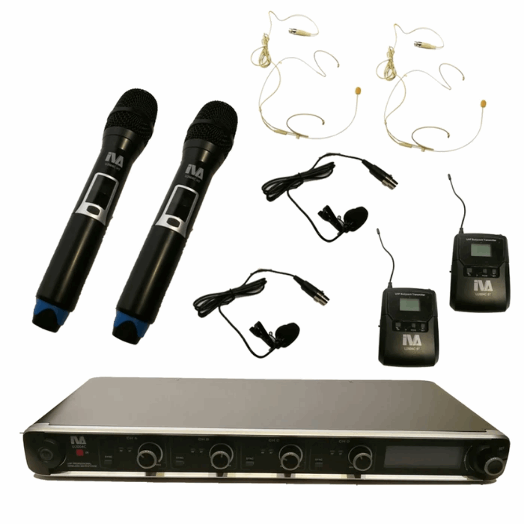 Iva U2004C 2Hl 200 Ch Uhf Wireless Microphone System W/Dual Handheld, Bodypack, Clip, Headset Mic
