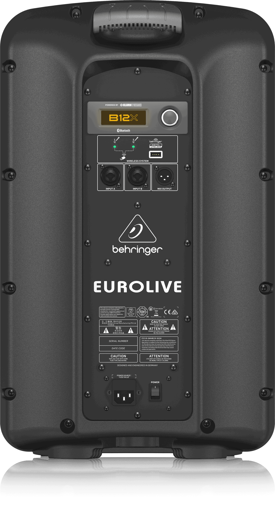 Behringer B12X 1000 Watt 2 Way 12" Powered Loudspeaker with Digital Mixer, Wireless Option, Remote Control via iOS*/Android* Mobile App and Bluetooth Audio Streaming | BEHRINGER , Zoso Music