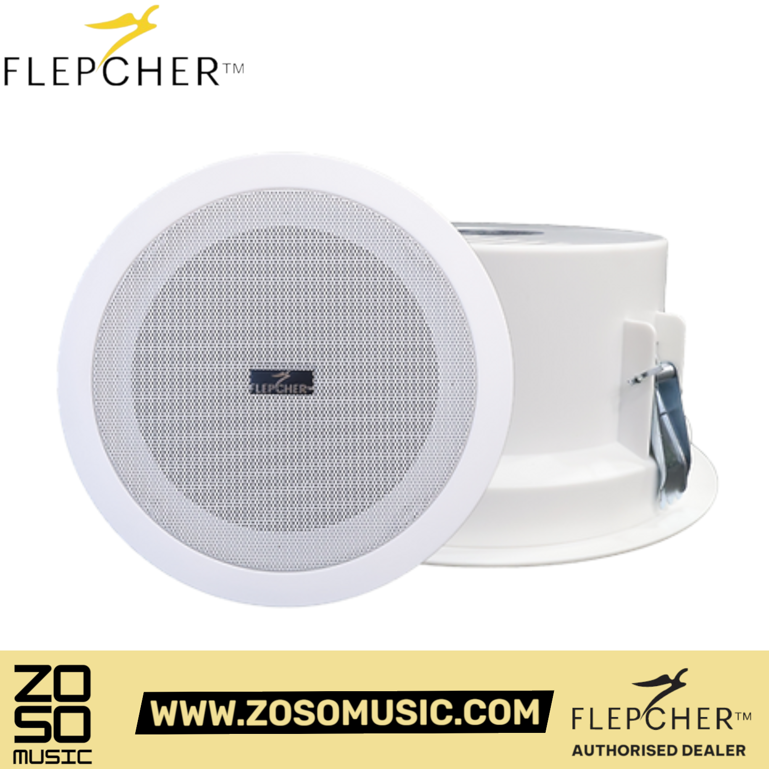 Zoso Music Flepcher CS-6 ceiling speaker in white ABS finish with a circular aluminium grille and mounting clips