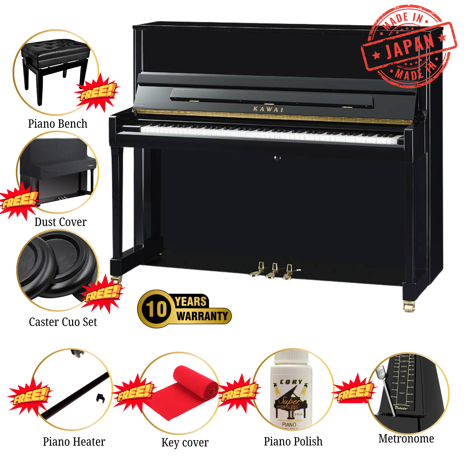 Kawai K300 [Made In Japan] ATX4 Hybrid Upright Piano (Height: 122 cm) - Ebony Polish