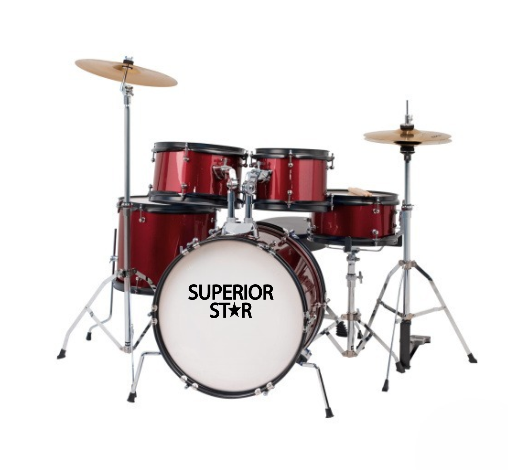 Superiorstar 5-piece Junior Drum Set with 16'' Bass Drum - Red *Include 3-pcs Cymbal Set , Drumsticks and Throne*