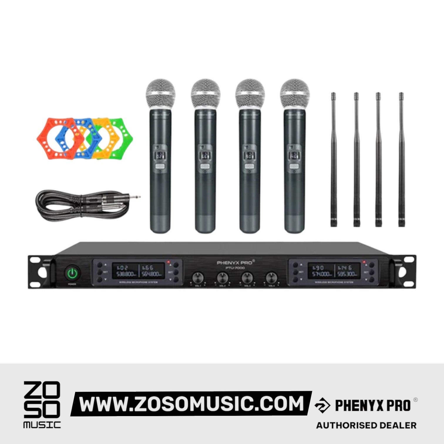 Phenyx Pro Best Budget Wireless PTU-7000A 4-channel UHF Wireless Microphone System, with 4x Handheld Dynamic Microphones | Zoso Music Sdn Bhd