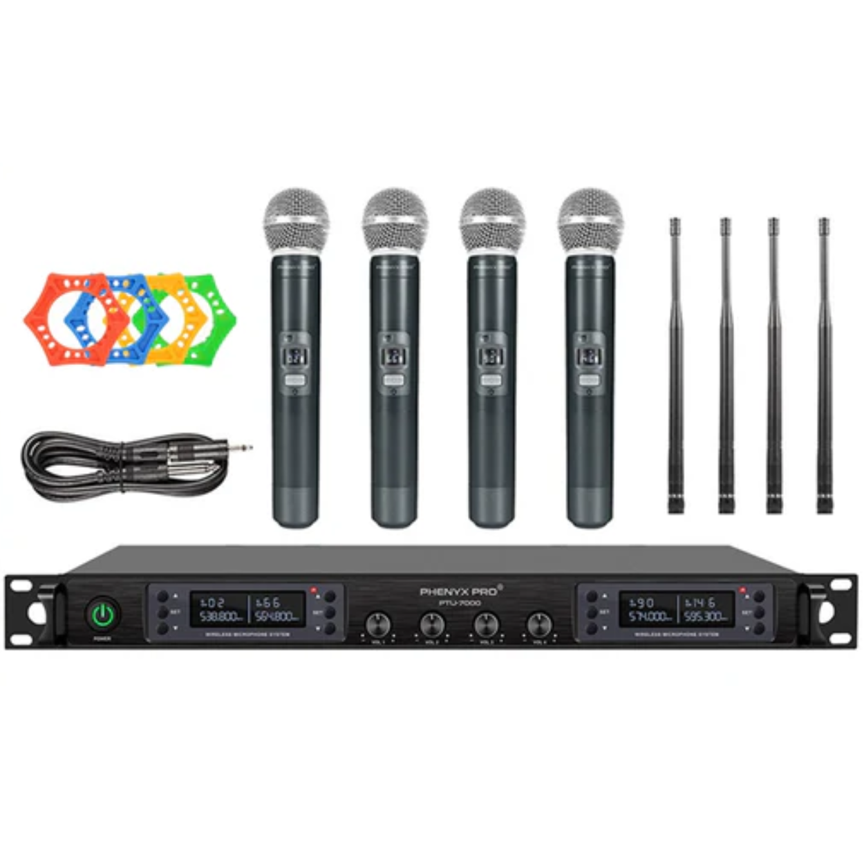 Phenyx Pro Best Budget Wireless PTU-7000A 4-channel UHF Wireless Microphone System, with 4x Handheld Dynamic Microphones | Zoso Music Sdn Bhd