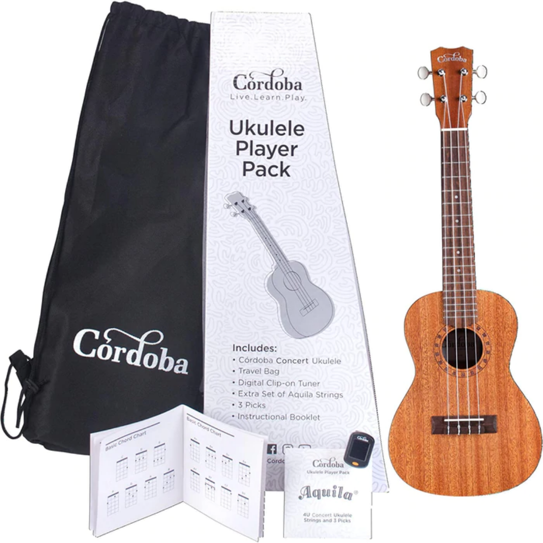 Cordoba Soprano Ukulele Player Pack - Mahogany Top, Mahagony Back & Sides with Gig Bag, Instructional Book, and Strings