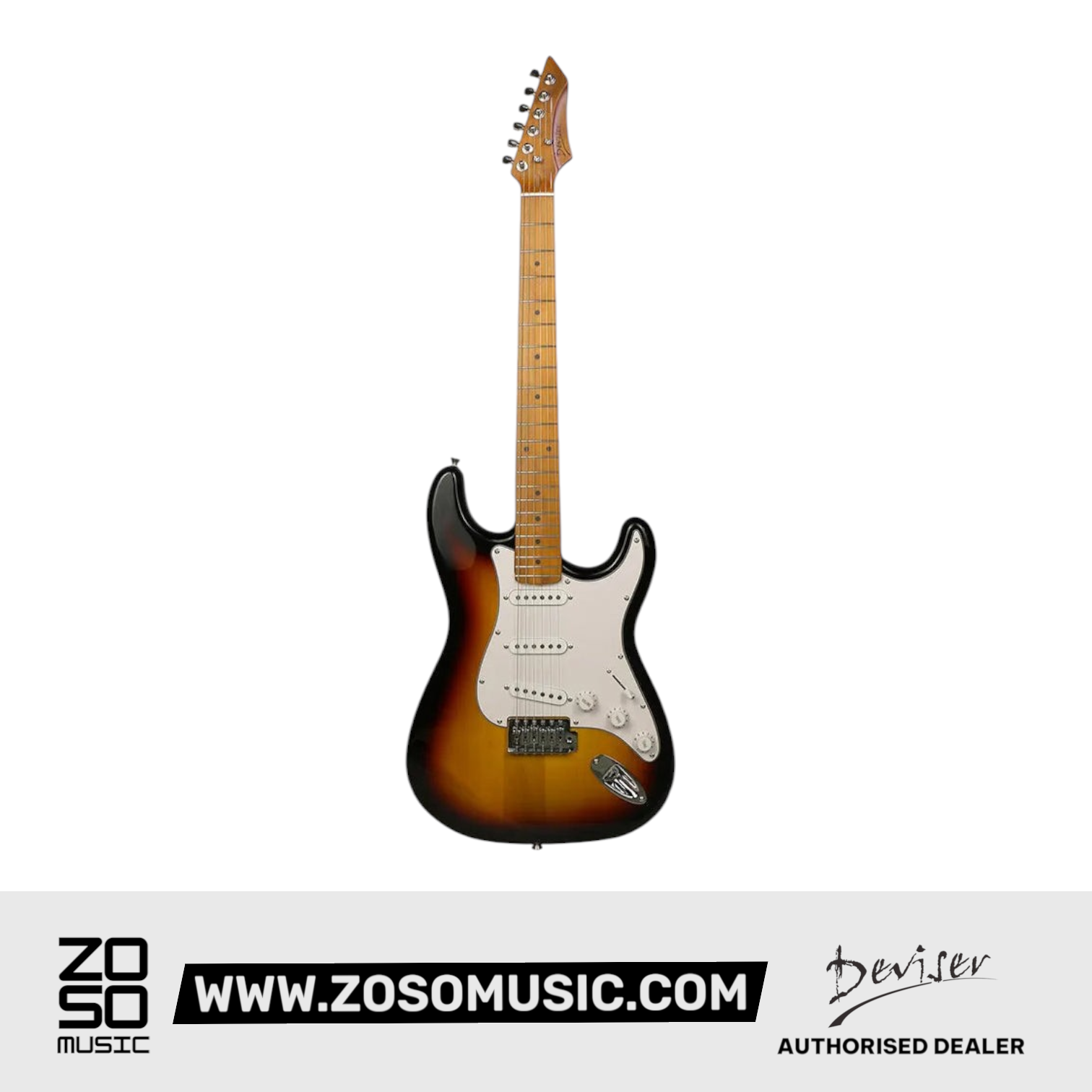 Zoso Music Deviser L-G2 electric guitar with a sunburst poplar body, roasted maple neck, and SSS pickup configuration.