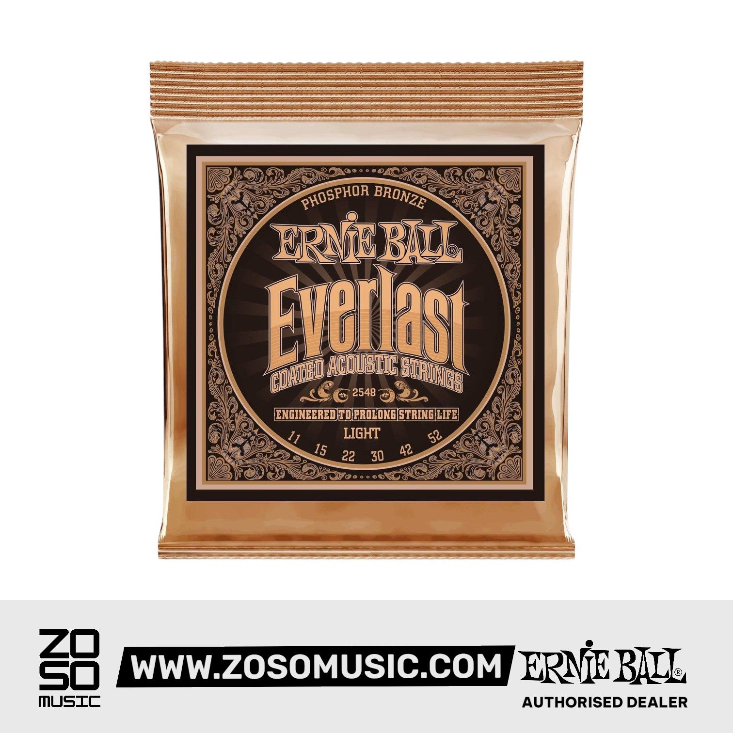 Ernie Ball Everlast Light Coated Phosphor Bronze Acoustic Guitar Strings, 11-52 | Zoso Music Sdn Bhd