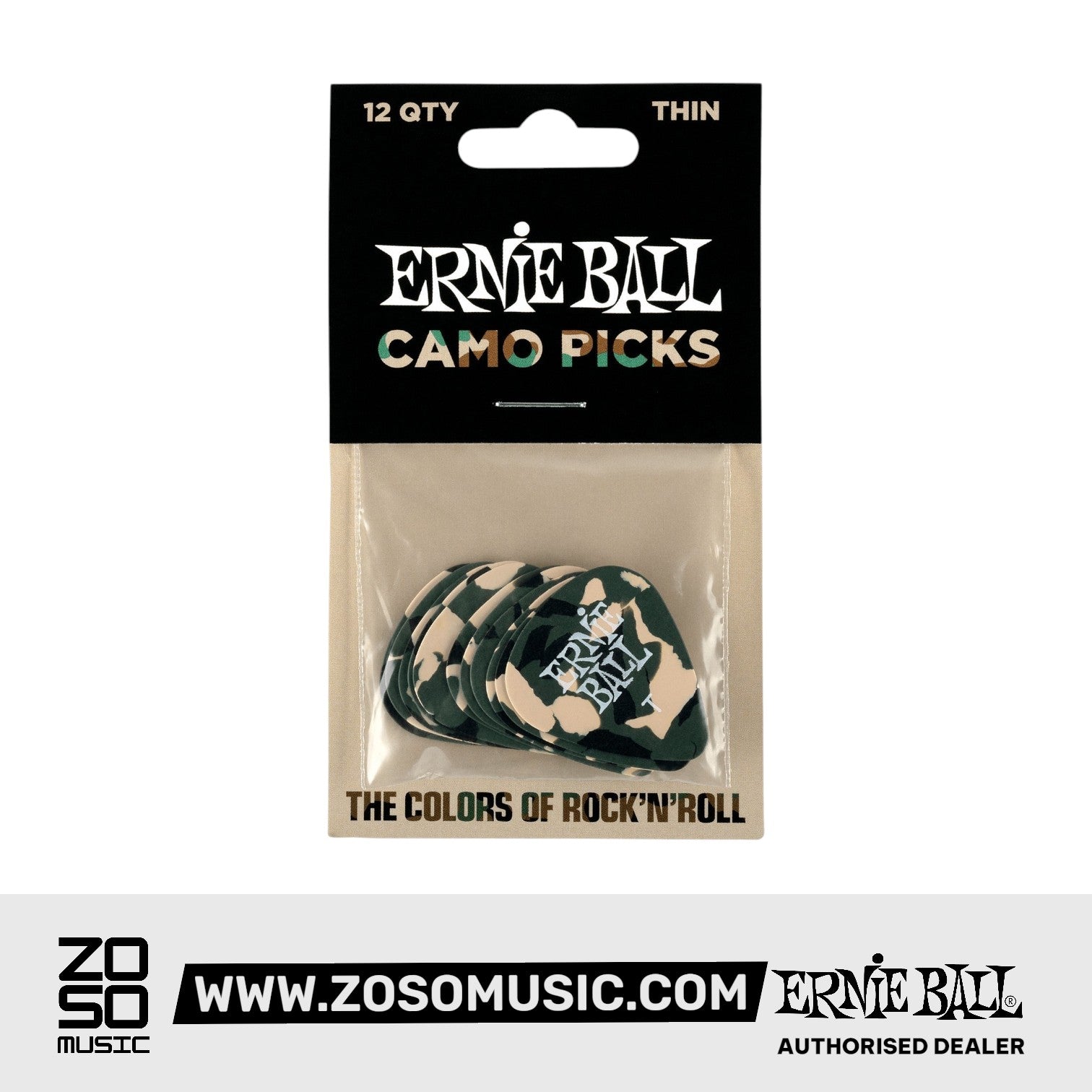 Ernie Ball Camouflage Cellulose Guitar Picks, Thin, 12-Pack