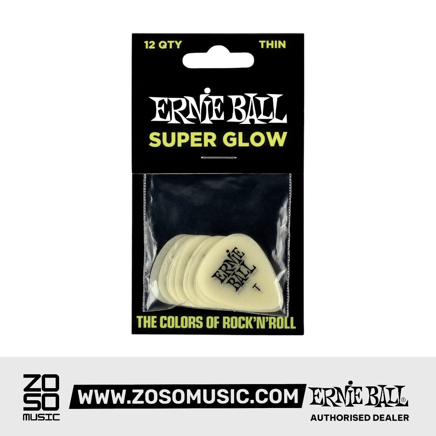 Ernie Ball Super Glow Cellulose Guitar Picks, Thin, 12-Pack