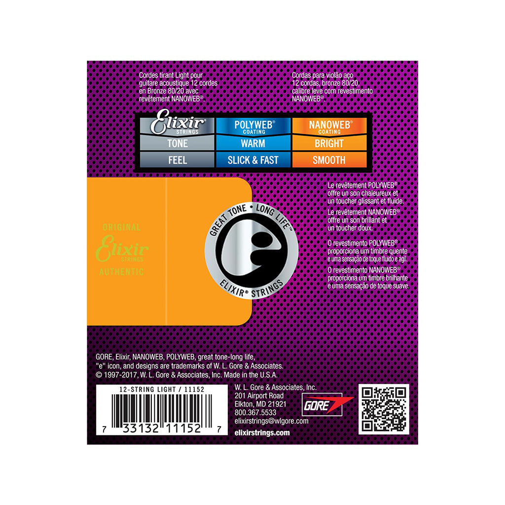 Elixir 11152 Nanoweb Light 80/20 Bronze 12-String Acoustic Guitar Strings Zoso Music