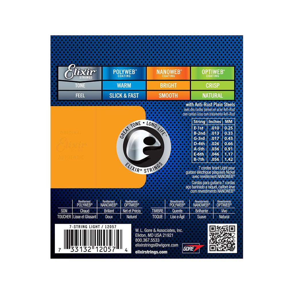 Elixir 12057 Nanoweb Light 7-String Electric Guitar Strings 10-56