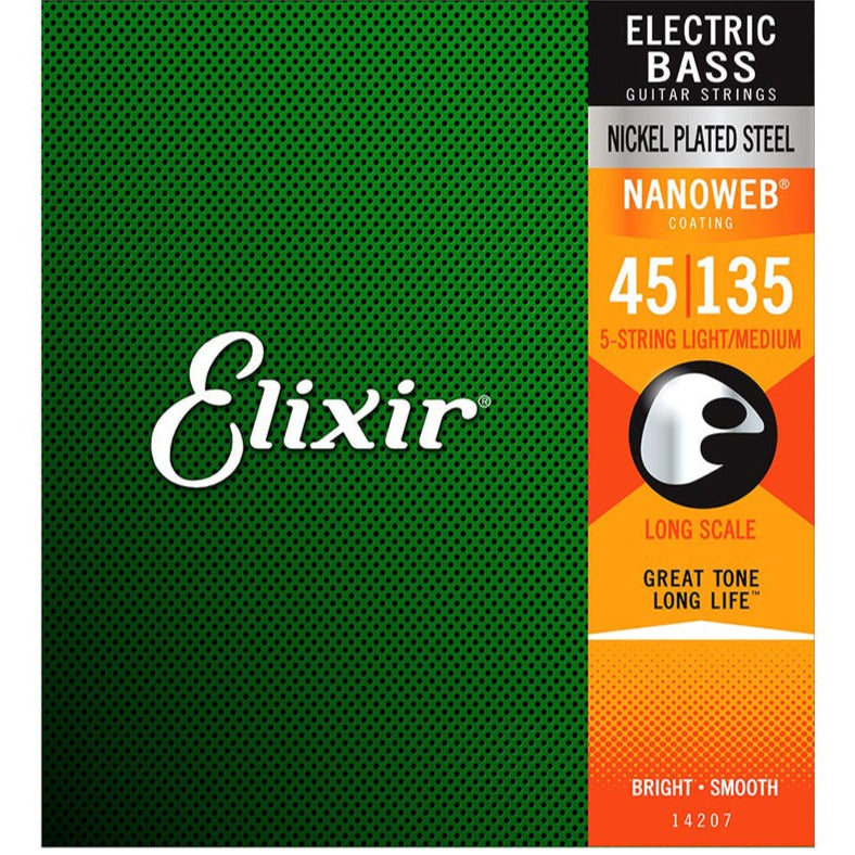 Elixir 14207 Nanoweb Light/Med Long Scale 5-String Electric Bass Strings 45-135 Zoso Music