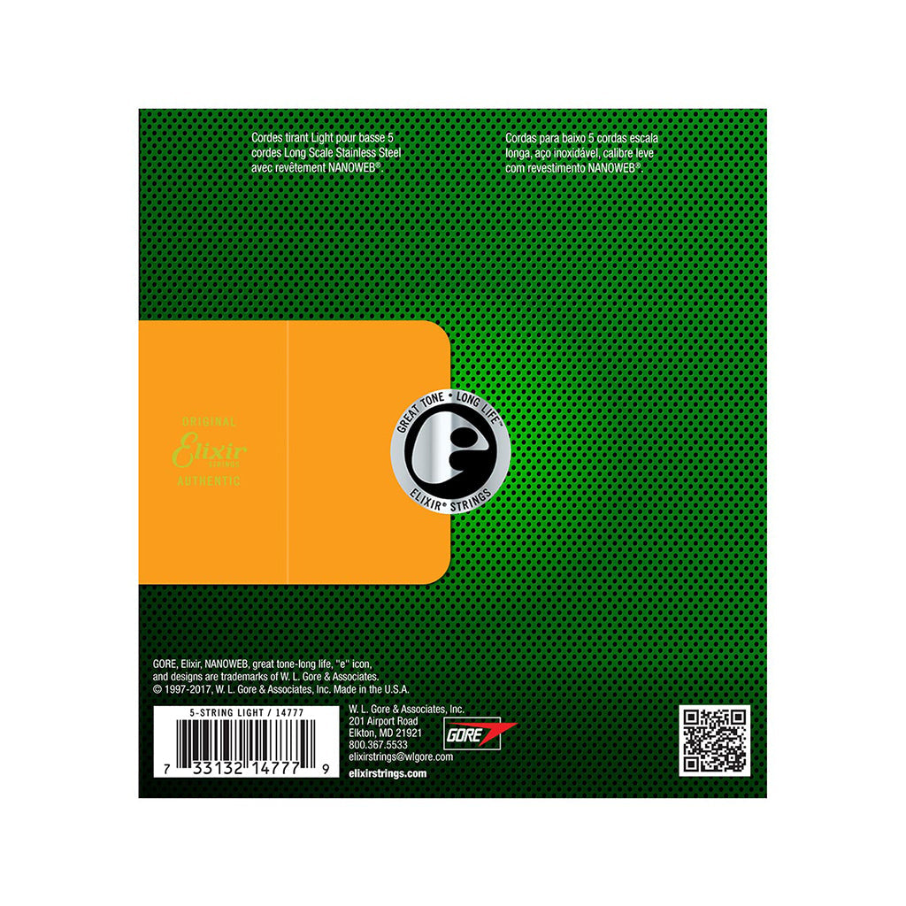 Elixir 14777 Nanoweb Med w/ Light B Long Scale Stainless Steel 5-String Electric Bass Strings Zoso Music