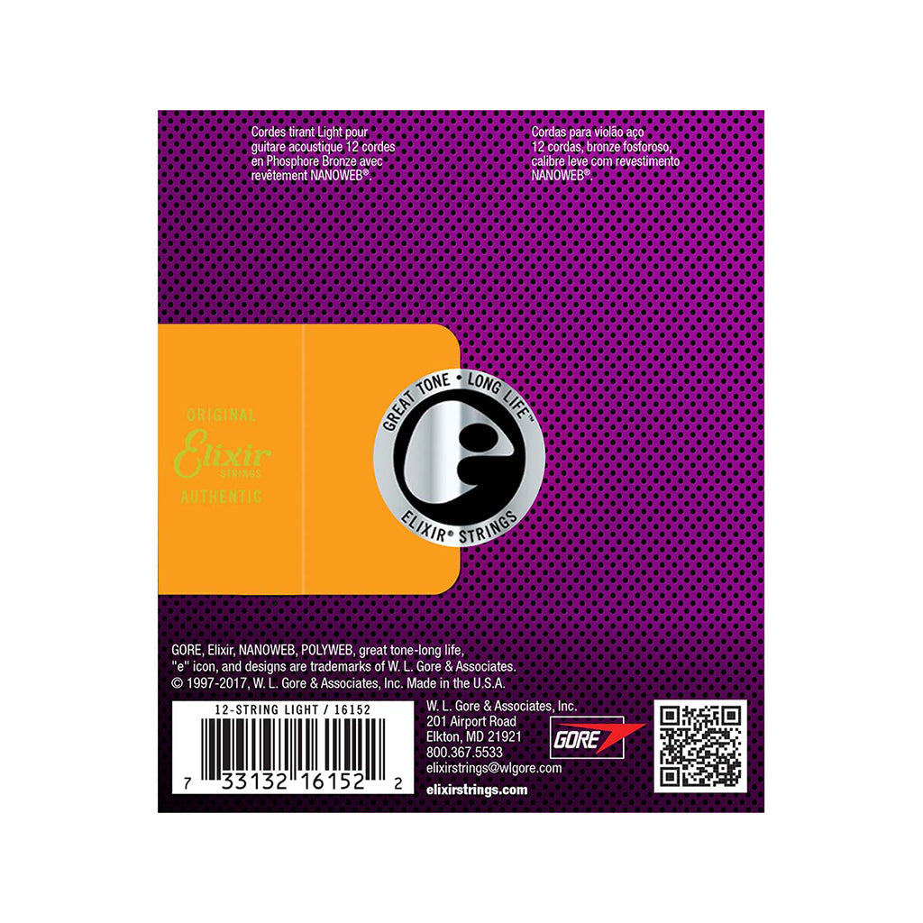 Elixir 16152 Nanoweb Light Phosphor Bronze 12-String Acoustic Guitar Strings 10-47 Zoso Music