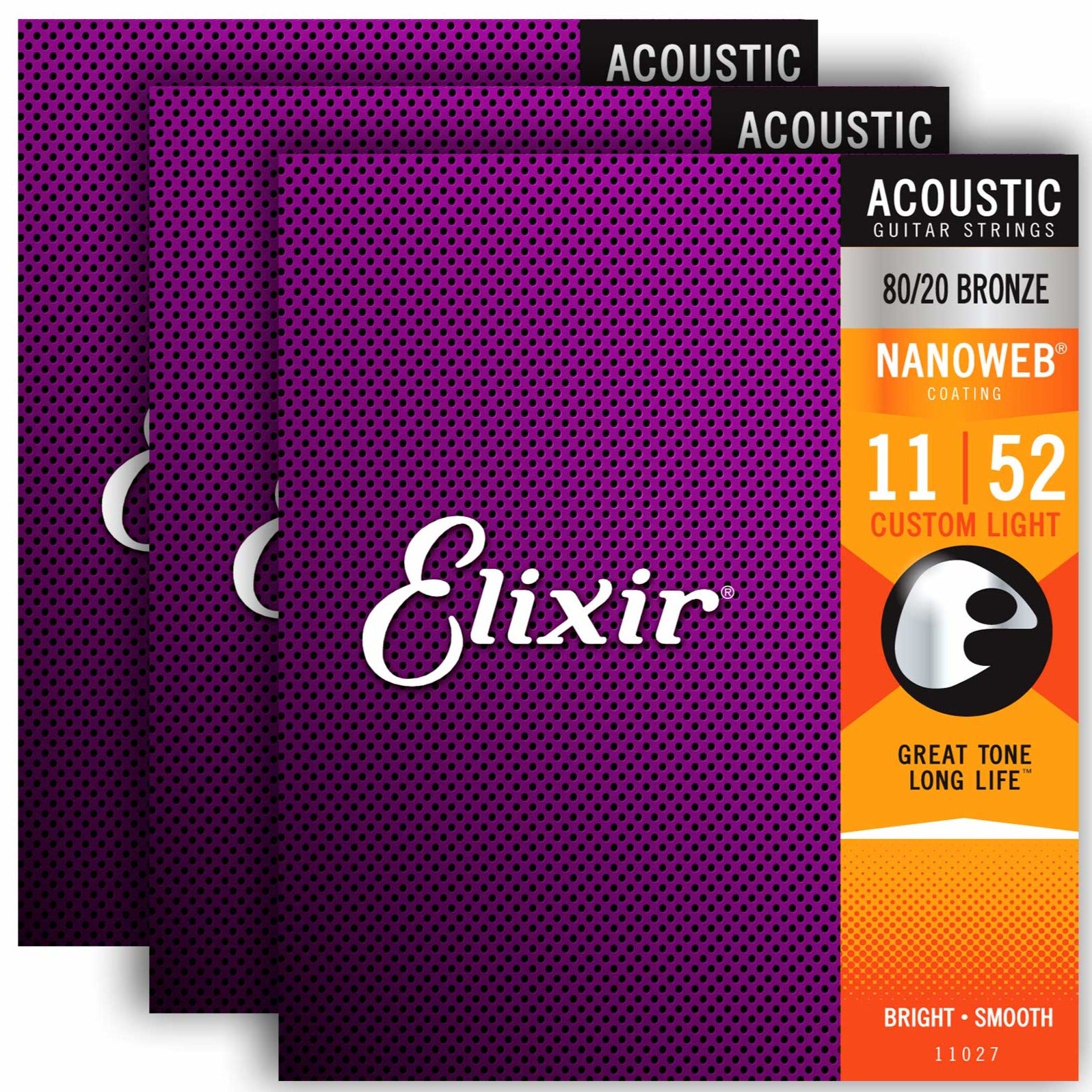 Elixir 16538 Nanoweb 80/20 Bronze Custom Light Acoustic Guitar Strings, 11-52, 3-Pack Zoso Music