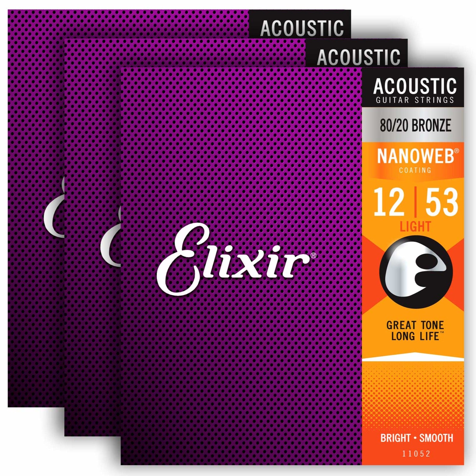 Elixir 16539 Nanoweb 80/20 Bronze Light Acoustic Guitar Strings, 12-53, 3-Pack