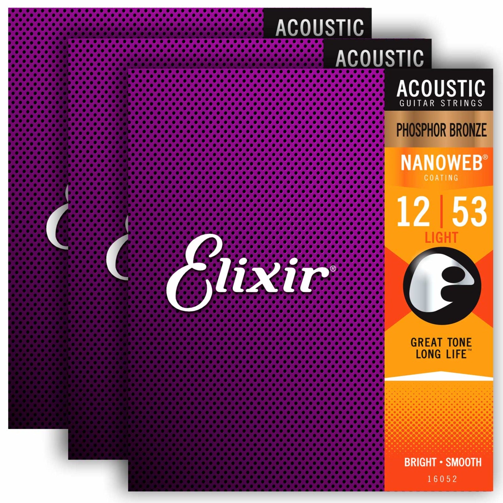 Elixir 16545 Nanoweb Phosphor Bronze Light Acoustic Guitar Strings, 12-53, 3-Pack Zoso Music