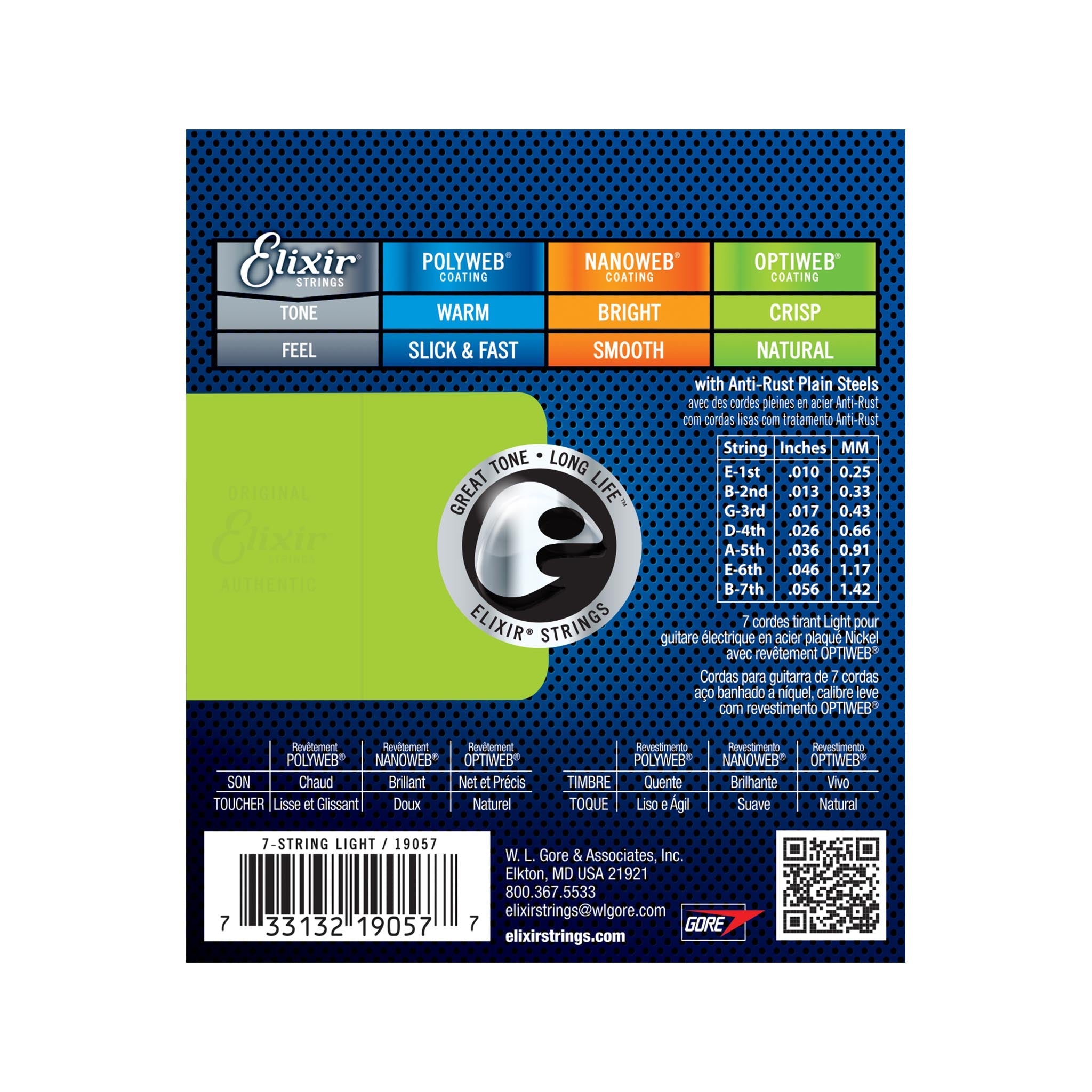 Elixir 19057 Nickel Plated Steel with OPTWEB coating 7-strings Electric Guitar Strings Zoso Music